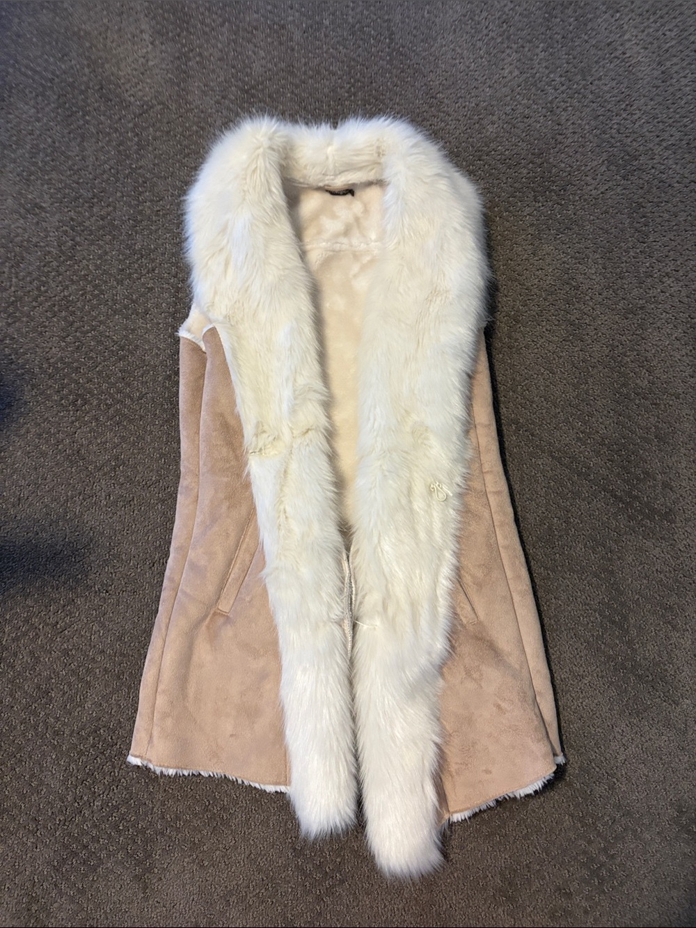 Faux Suede Vest with Plush White Faux Fur Trim - Women